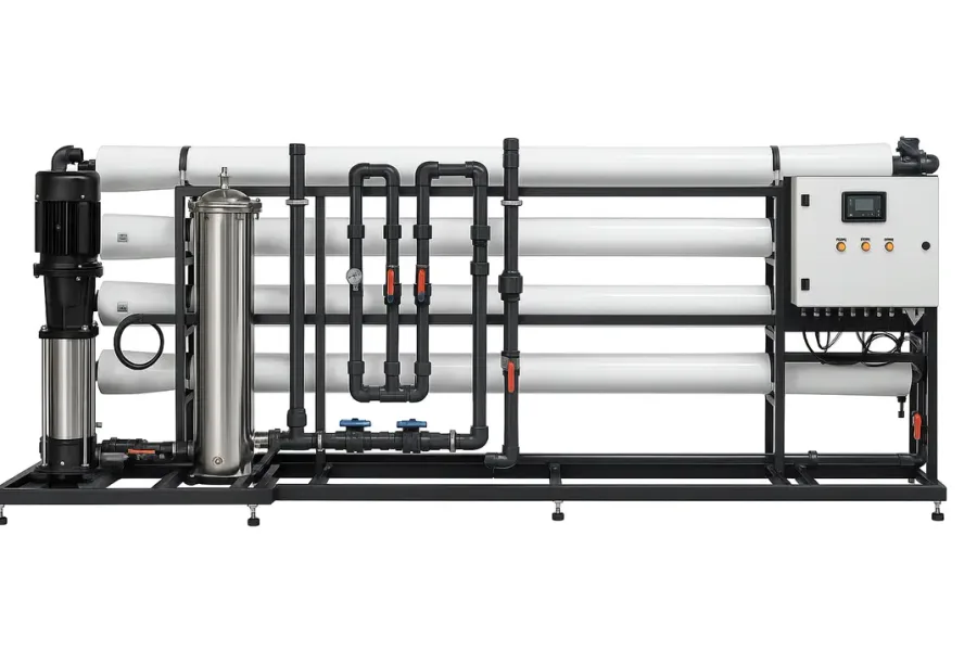AquaX RO pump skid system with membrane vessels, pump and control panel