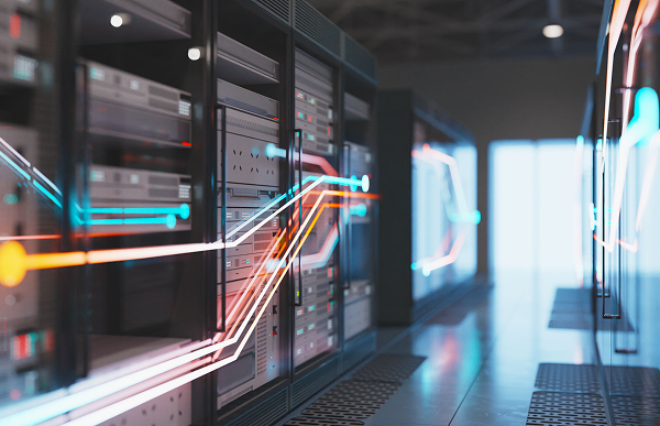 Data servers with glowing network connections